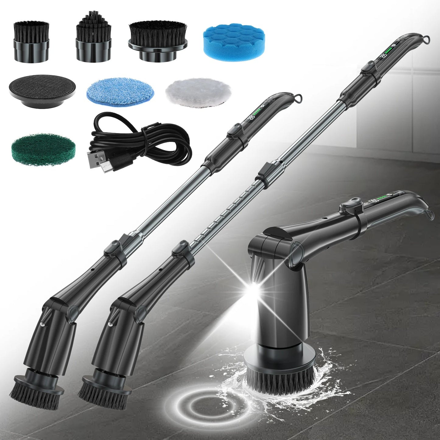 Electric Spin Scrubber, USB Rechargeable Cordless Electric Cleaning Brushes Bathroom 7 in 1 Floor Scrubber Machine With 3 Speeds