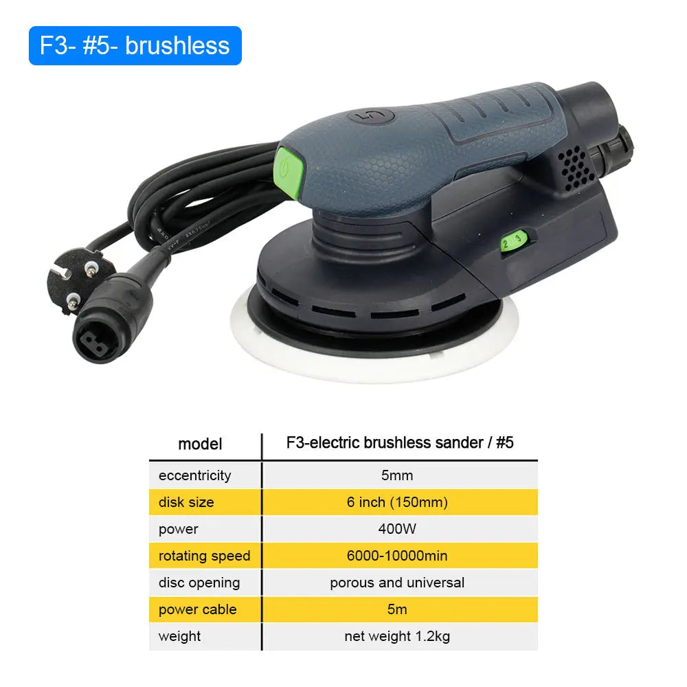 Electric Brushless Random Orbital Sander 400W 6 Inch 150mm Eccentric Sander Polisher Dustless Sanding Machine for Car Wood Metal
