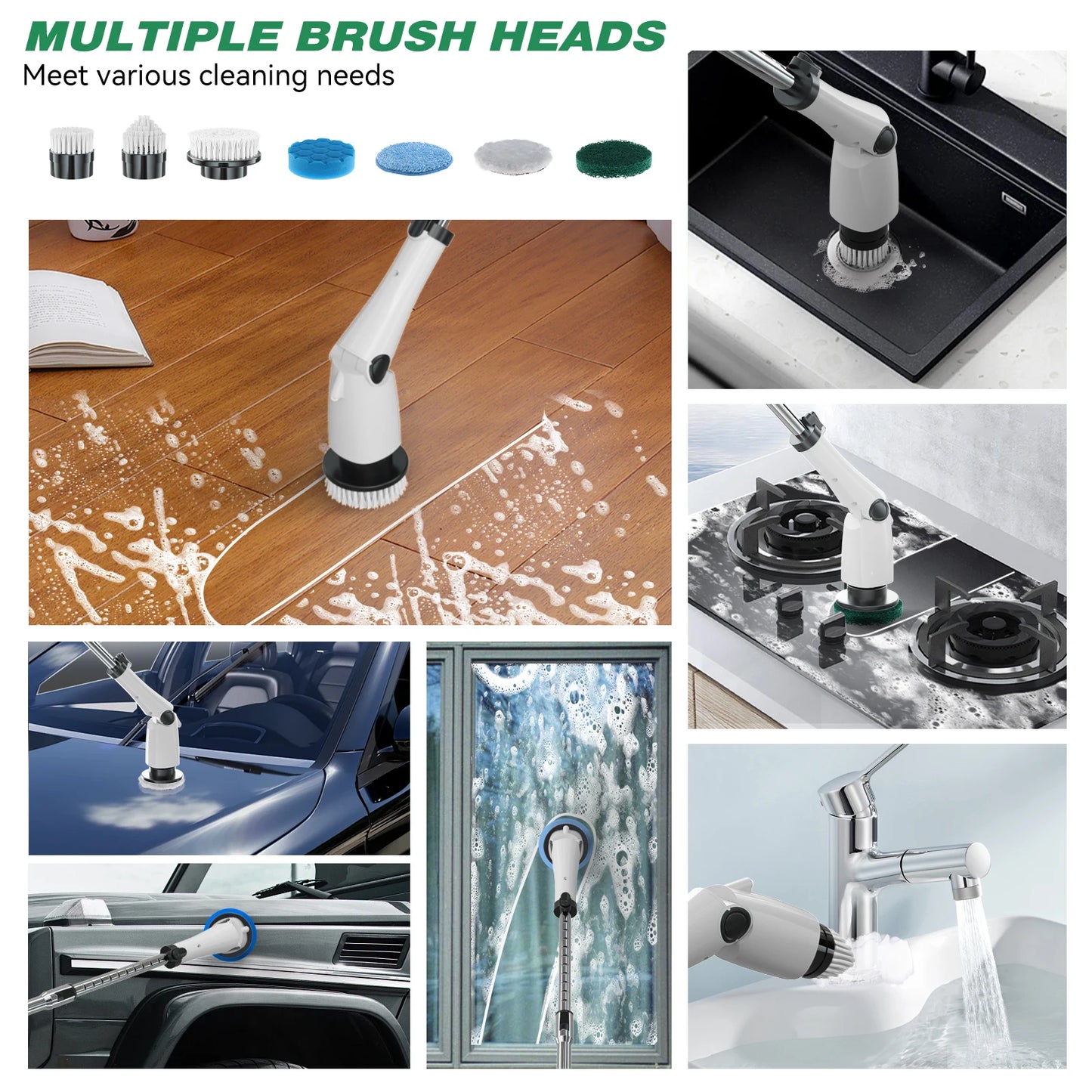 Electric Spin Scrubber, USB Rechargeable Cordless Electric Cleaning Brushes Bathroom 7 in 1 Floor Scrubber Machine With 3 Speeds