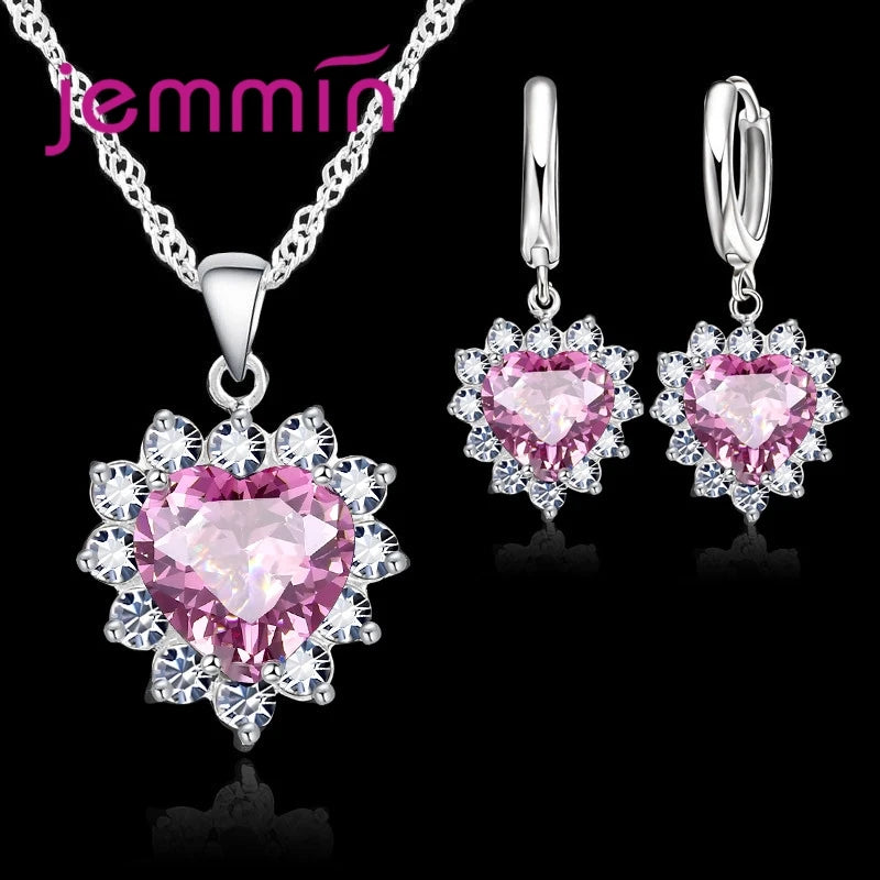 Top Sale Wding Engagement Anniversary Gift Jewelry Sets 925 Silver Color Stamped Heart Pendant Hoop Earrings for Women Girls
