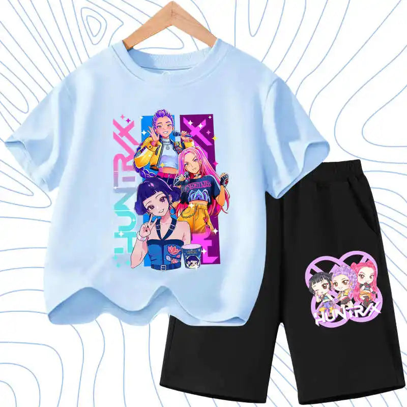 Summer Girls Casual T Shirt Sets K POP Cartoon Printed Kids Fashion Outfits Teen Children's O Neck Short Sleeve Tops Shorts 2pcs