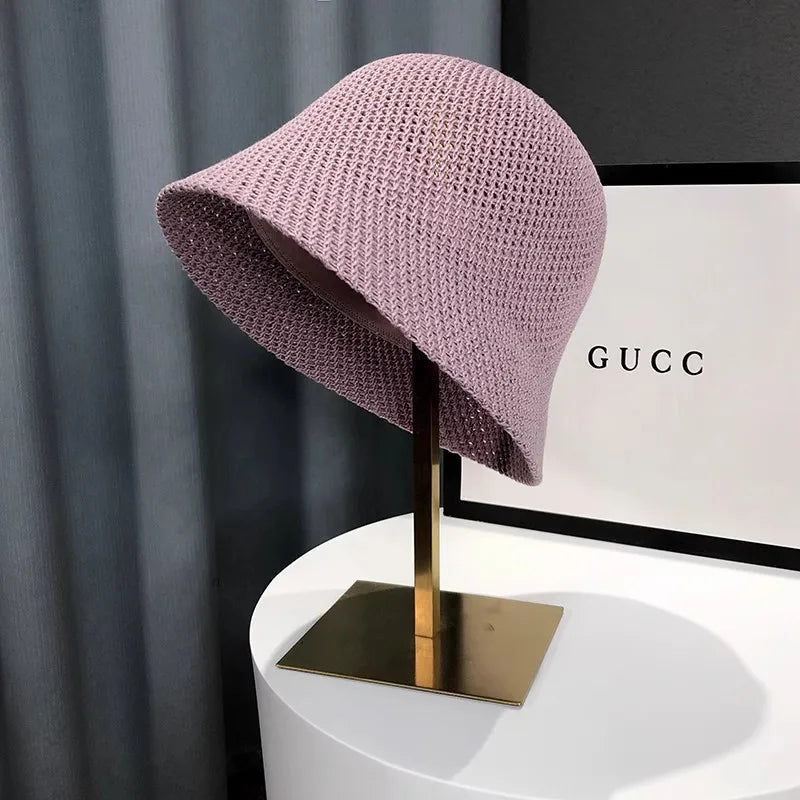 New Summer Beach Solid Wide Brim Bucket Hat For Women Hollow Breathable Sunshade Outdoor Girls Travel Panam Fisherman Cap Gift