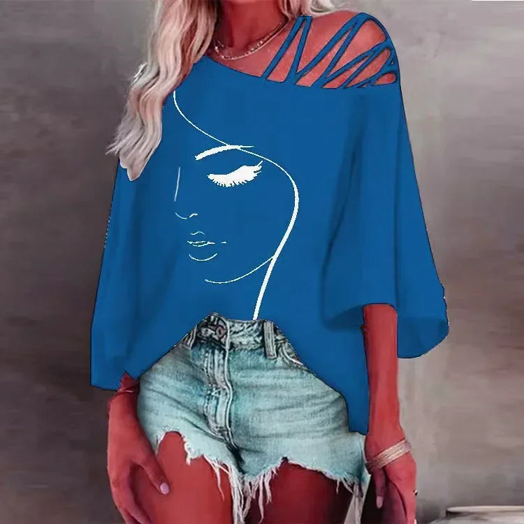 Women's Fashion Splicing Loose Slant Neck Face Printed T-shirt Casual Top 2024 Summer