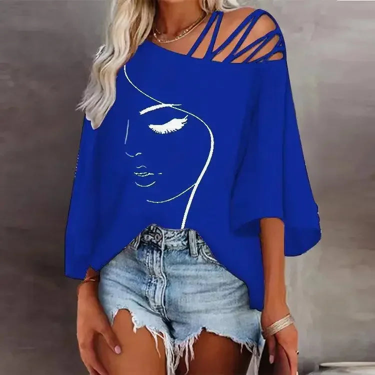 Women's Fashion Splicing Loose Slant Neck Face Printed T-shirt Casual Top 2024 Summer
