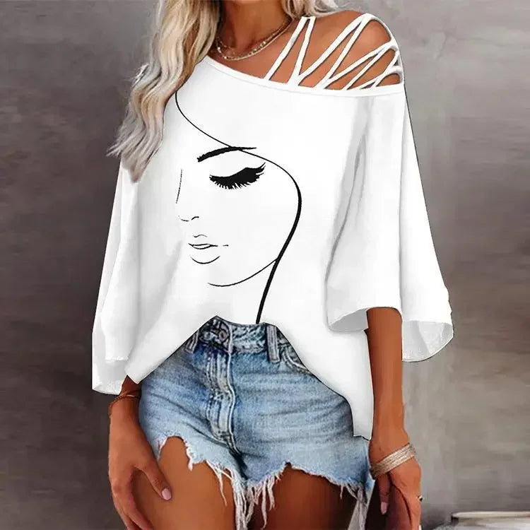 Women's Fashion Splicing Loose Slant Neck Face Printed T-shirt Casual Top 2024 Summer