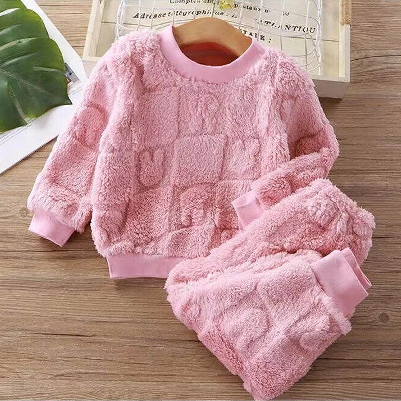 Autumn and Winter Flannel Children's Package Solid Color Boys' Plush Thickened Home Fur Girls' Warm Sleepwear Set