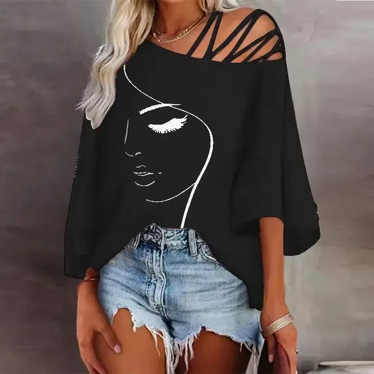 Women's Fashion Splicing Loose Slant Neck Face Printed T-shirt Casual Top 2024 Summer