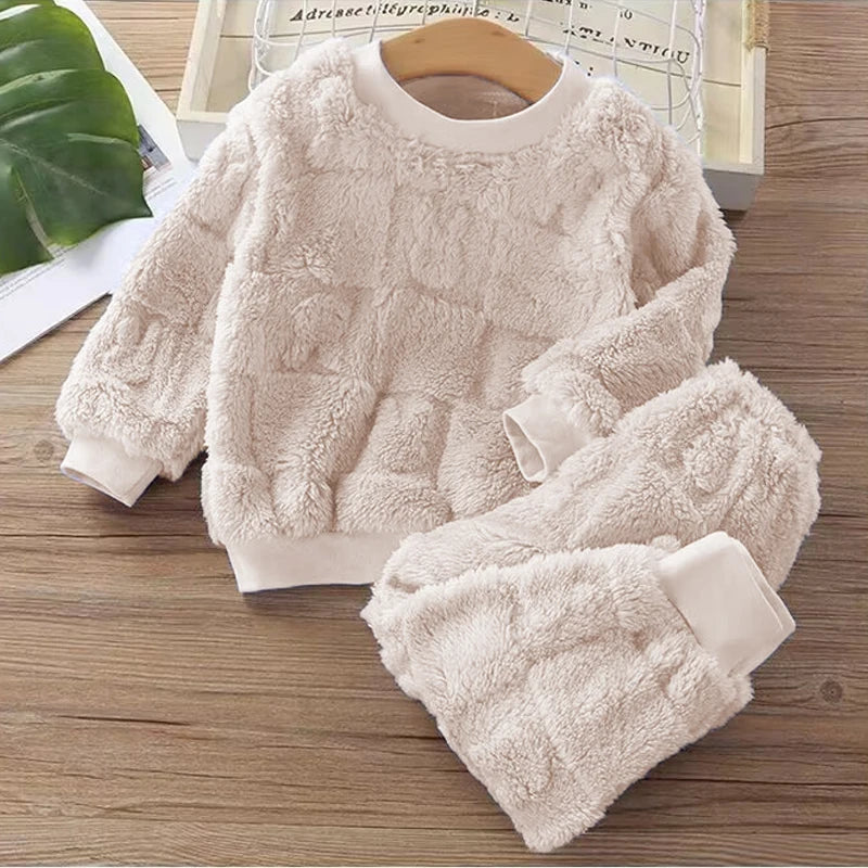 Autumn and Winter Flannel Children's Package Solid Color Boys' Plush Thickened Home Fur Girls' Warm Sleepwear Set
