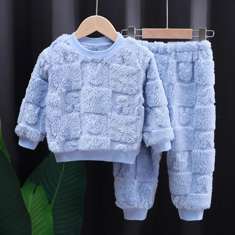 Autumn and Winter Flannel Children's Package Solid Color Boys' Plush Thickened Home Fur Girls' Warm Sleepwear Set