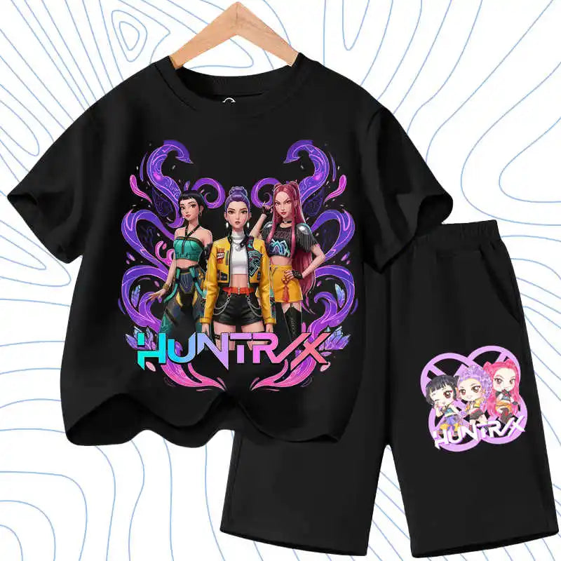 Summer Girls Casual T Shirt Sets K POP Cartoon Printed Kids Fashion Outfits Teen Children's O Neck Short Sleeve Tops Shorts 2pcs