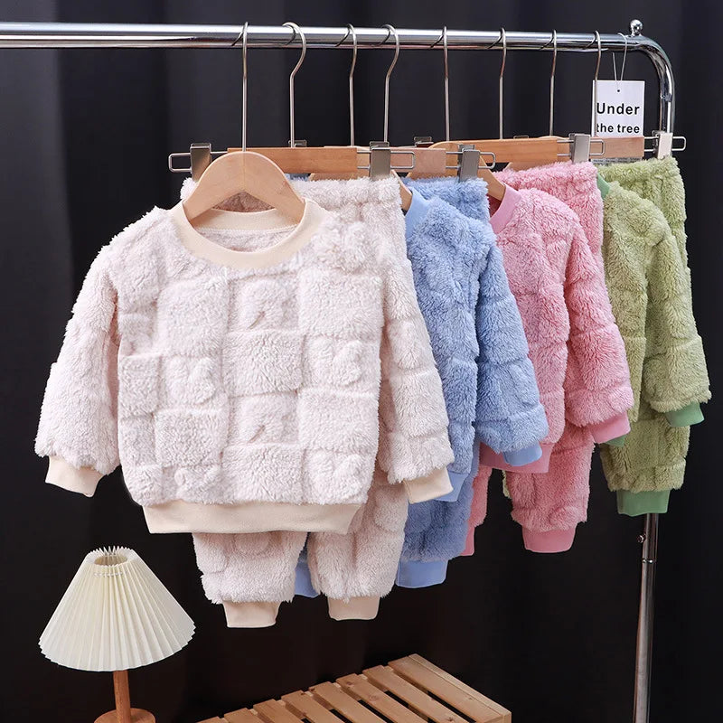 Autumn and Winter Flannel Children's Package Solid Color Boys' Plush Thickened Home Fur Girls' Warm Sleepwear Set