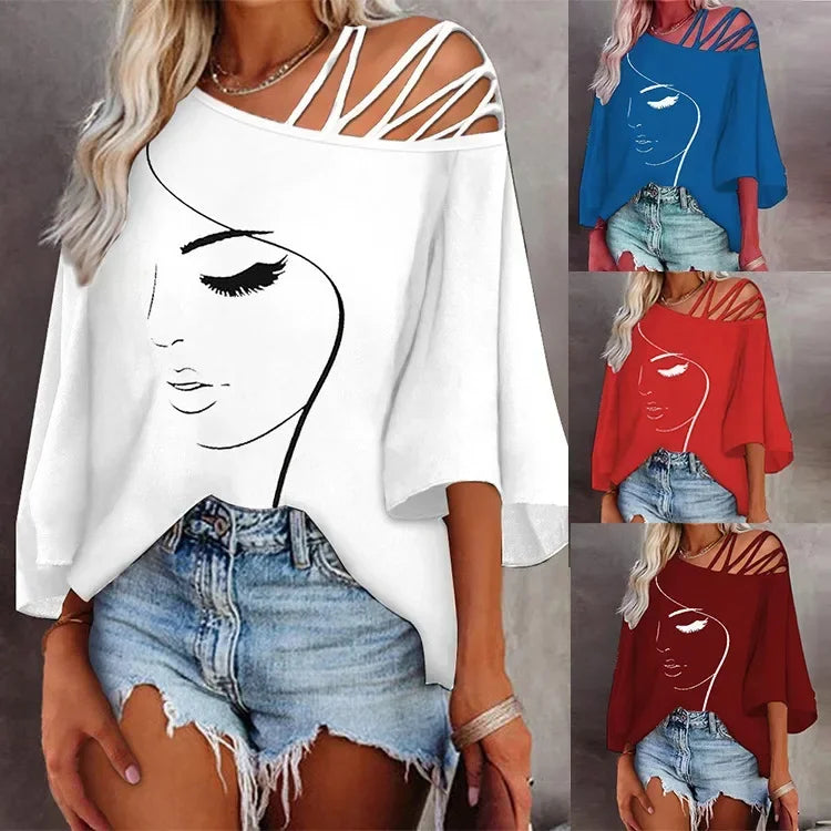 Women's Fashion Splicing Loose Slant Neck Face Printed T-shirt Casual Top 2024 Summer