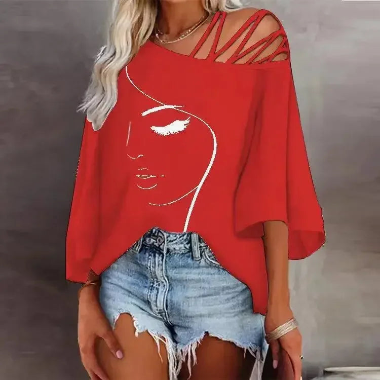 Women's Fashion Splicing Loose Slant Neck Face Printed T-shirt Casual Top 2024 Summer