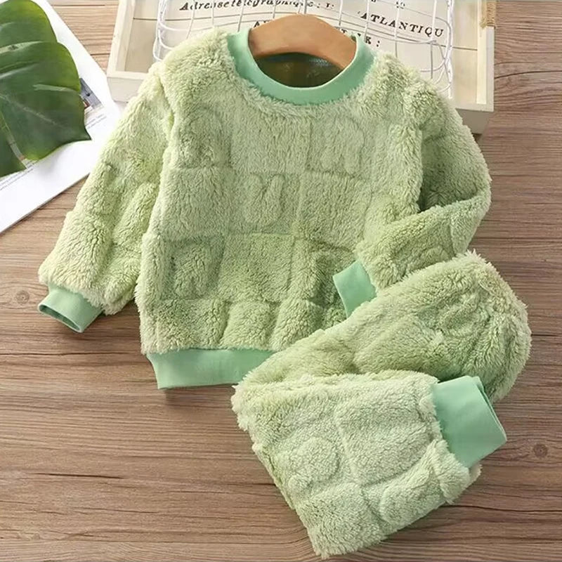 Autumn and Winter Flannel Children's Package Solid Color Boys' Plush Thickened Home Fur Girls' Warm Sleepwear Set