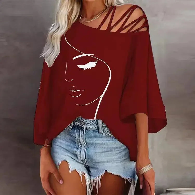 Women's Fashion Splicing Loose Slant Neck Face Printed T-shirt Casual Top 2024 Summer